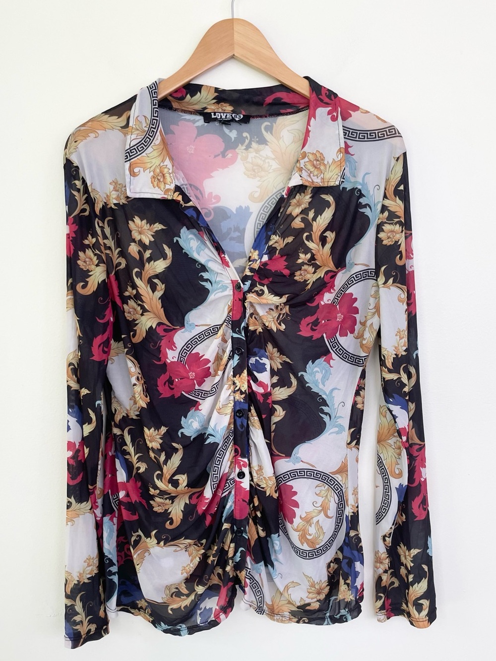 Love 83 Long Sleeve Ruched Button Up Mesh Print Shirt 1XL Mobwife Festival Boho